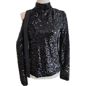 Black Long Sleeve Sequin Asymmetrical Ribbon Top Sz Small